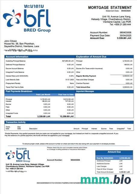 Laos Bank Franco-Lao wyciąg z kredytu hipotecznego szablon Word i PDF